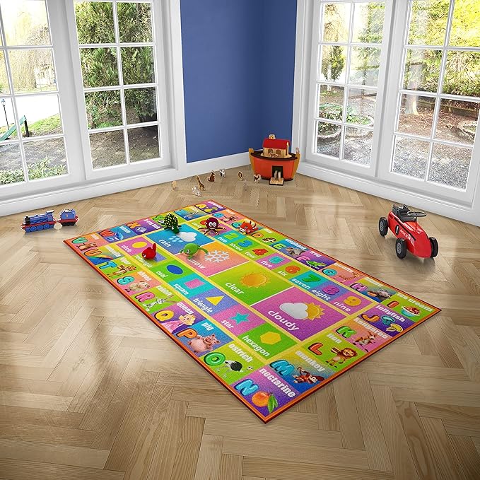 Kids Education Rug Carpet Playmat - ABC Alphabet, Numbers, Shapes and Weather, Extra Large Learn Have Fun Safe, Children's Educational, Multi Color Activity Centerpiece Play Mat! for Bedroom Playroom - LeafyLoom