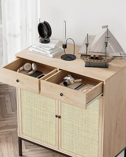 Brafab Rattan Cabinet Storage Sideboard Buffet Table Accent Console for Living Room Entryway Kitchen Dining Room 2 Drawers - LeafyLoom