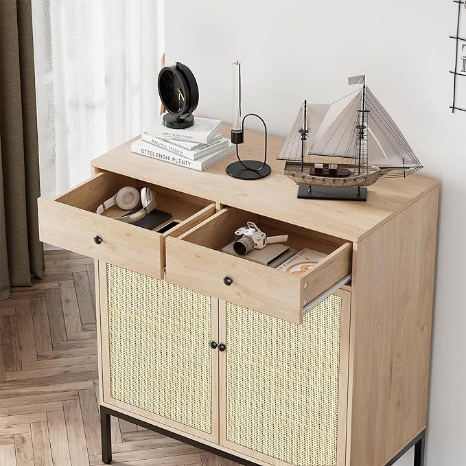 Brafab Rattan Cabinet Storage Sideboard Buffet Table Accent Console for Living Room Entryway Kitchen Dining Room 2 Drawers - LeafyLoom