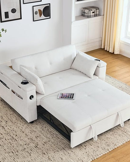 4 in 1 Multifunctional Convertible Loveseat Sleeper Sofa Bed,Soft Chenille Tufted Love Seats Sofabed W/Pull Out Sleep Couch,Armrests Storage,Cupholders,USB Ports,Pillows and Side Pockets - LeafyLoom