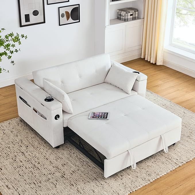4 in 1 Multifunctional Convertible Loveseat Sleeper Sofa Bed,Soft Chenille Tufted Love Seats Sofabed W/Pull Out Sleep Couch,Armrests Storage,Cupholders,USB Ports,Pillows and Side Pockets - LeafyLoom