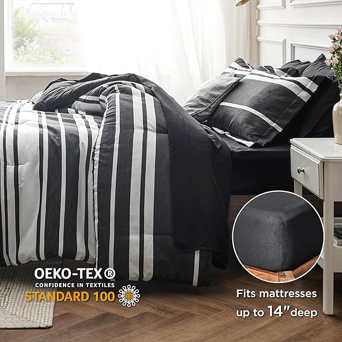 Bedsure Bed in a Bag King Size 7 Pieces, Black White Striped Bedding Comforter Sets All Season Bed Set, 2 Pillow Shams, Flat Sheet, Fitted Sheet and 2 Pillowcases - LeafyLoom