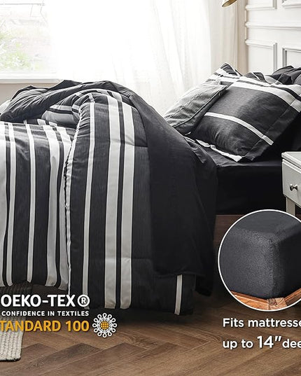 Bedsure Bed in a Bag California King Size 7 Pieces, Black White Striped Bedding Comforter Sets All Season Bed Set, 2 Pillow Shams, Flat Sheet, Fitted Sheet and 2 Pillowcases - LeafyLoom