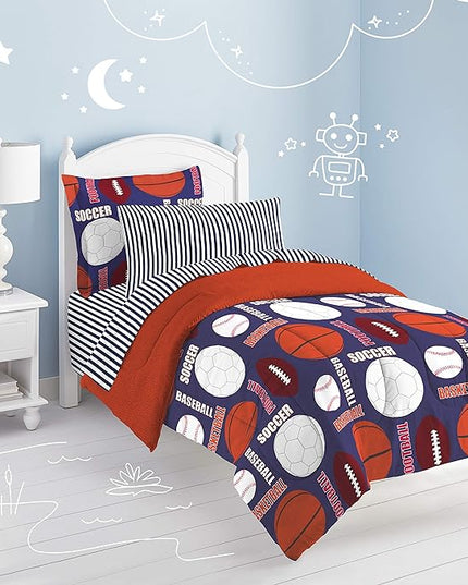dream FACTORY Kids 7-Piece Complete Set Easy-Wash Super Soft Microfiber Comforter Bedding, Full, Navy All Sports - LeafyLoom