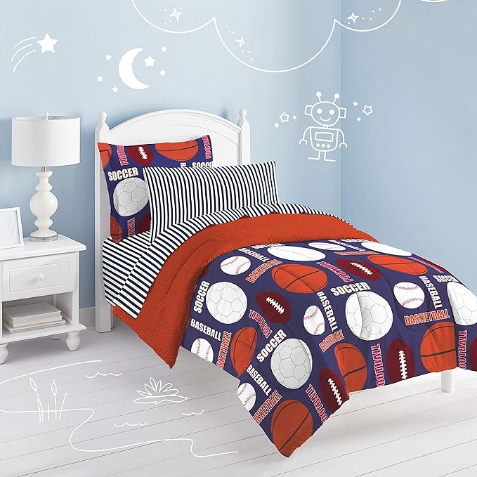 dream FACTORY Kids 5-Piece Complete Set Easy-Wash Super Soft Microfiber Comforter Bedding, Twin, Age range (3 to 10 Years), Navy All Sports - LeafyLoom