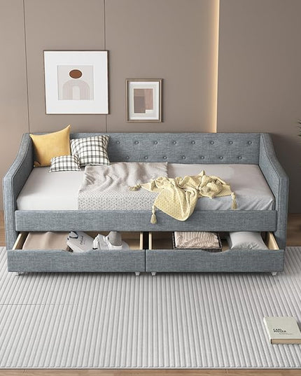 Twin Daybed Frame with 2 Storage Drawers,Upholstered Sofa Bed W/Button & Nailhead Tufted Design,Wood Slats Support,Linen Fabric Bedframe for Living Room Bedroom Apartment,Light Gray - LeafyLoom