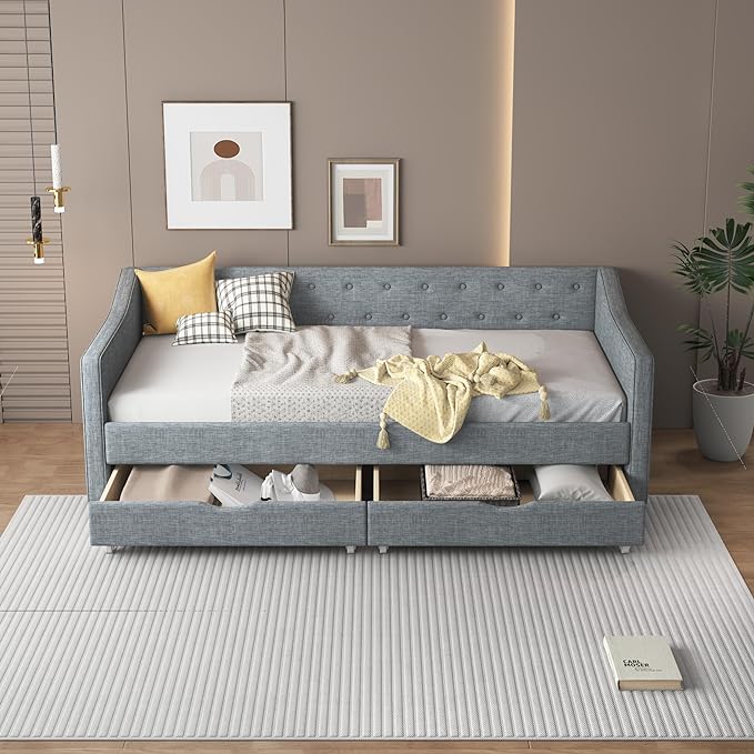Twin Size Upholstered Daybed with Button Tufted Back and Waved Shape Arms,Elegant Wood Storage Sofa Bed w/Two Drawers,Slat Support,for Apartment,Bedroom,Light Grey - LeafyLoom