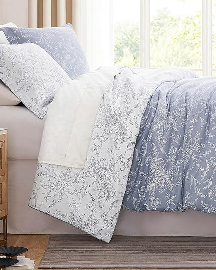 Southshore Fine Living, Inc. Full/Queen Comforter Set, Down Alternative Floral Comforter with Matching Shams, Reversible Print is 2 Colors in 1, Fits Queen & Full Beds, Winter Brush Blue/White - LeafyLoom