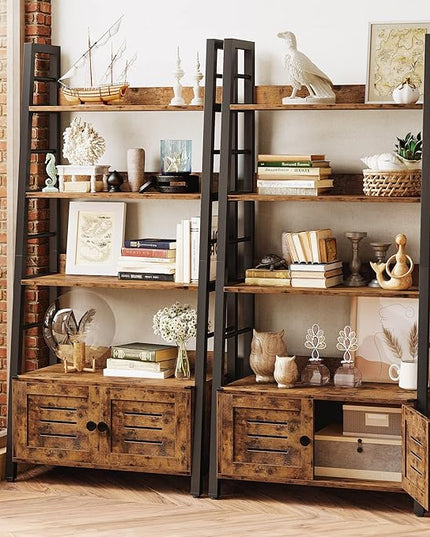IRONCK Bookshelf with Louvered Doors, 3-Tier Ladder Shelf with Cabinet Industrial Accent Furniture for Bedroom Living Room Home Office, Rustic Brown - LeafyLoom