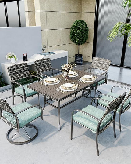 Pamapic 7 Piece Patio Dining Set for 6,Wicker Outdoor Furniture Set for Backyard Garden Deck Poolside with Iron Slats Table Top,4 Dining Chairs and 2 Swivel Rockers,Removable Cushions(Green) - LeafyLoom