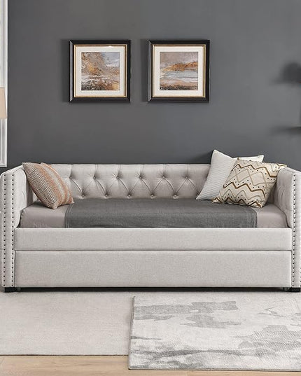 Twin Size Upholstered Daybed with Trundle, Bedroom Wooden Sofa Bed Frame w/Button Tufted and Copper Nail on Square Arms, No Spring Box Need, for Dorm, Beige (85"x42.5"x31.5") - LeafyLoom
