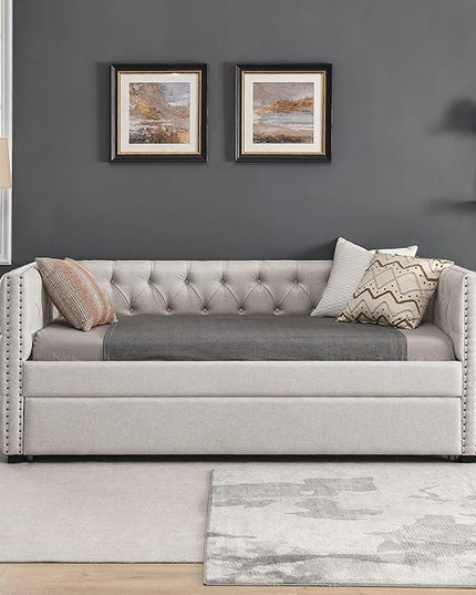 RITSU Double Daybed with Casters, Upholstered Tufted Pull-Out Sofa Bed, Linen Solid Wood Structure, Square Arms w/Buttons and Copper Nails Accent, Suitable for Bedroom, Apartment, 85.00, Beige-1 - LeafyLoom