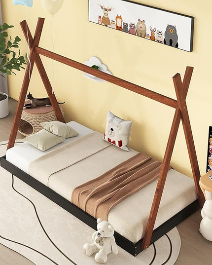Bellemave Twin Size Tent Floor Bed Frame with Triangle Structure, Teepee Bed Platform Bed for Kids,Montessori Floor Bed for Girls Boys(Twin,Black+Brown) - LeafyLoom