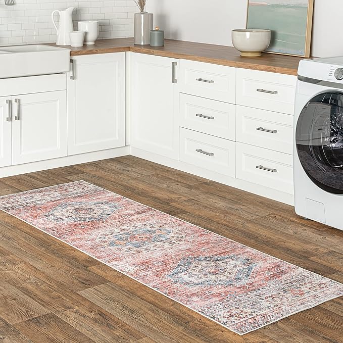 nuLOOM Desna Machine Washable Faded Vintage Ultra Thin Runner Rug, 2' 6" x 6', Peach - LeafyLoom