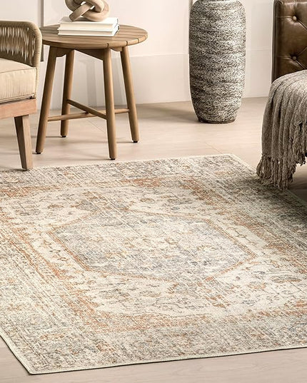 nuLOOM 9x12 Machine Washable Rain Haven Vintage Medallion Area Rug, Light Grey, Traditional Faded Design, Non-Slip Backing, Stain Resistant, For Bedroom, Dining Room, Living Room, Kitchen - LeafyLoom