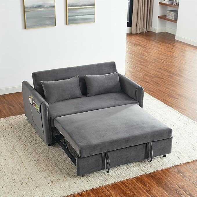Modern Convertible Loveseat Sofa Bed, Compact Functional Love Seat,Comfy Velvet Sleeper Sofabed 3 in1 Recliner Sofa&Couch with Removable Side Pockets for Small Space Living Room/Guest Room - LeafyLoom