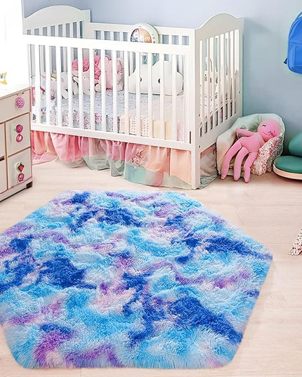 junovo Ultra Soft Hexagon Rug Fluffy Rainbow Nursery Rug for Princess Tent Kids Play Castle, Furry Hexagonal Carpet for Kids Girls Room Playhouse Classroom Dorm Home Decor, 4.6ft Tie-Dye Blue-Purple - LeafyLoom