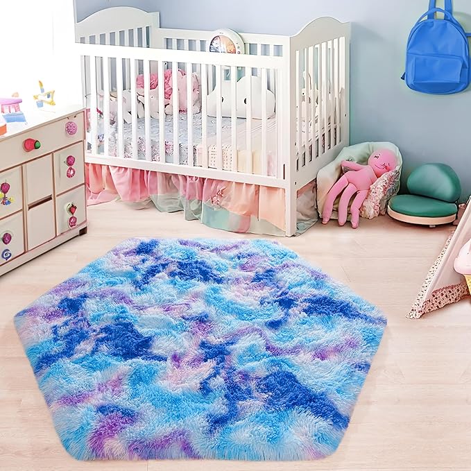 junovo Ultra Soft Hexagon Rug Fluffy Rainbow Nursery Rug for Princess Tent Kids Play Castle, Furry Hexagonal Carpet for Kids Girls Room Playhouse Classroom Dorm Home Decor, 4.6ft Tie-Dye Blue-Purple - LeafyLoom