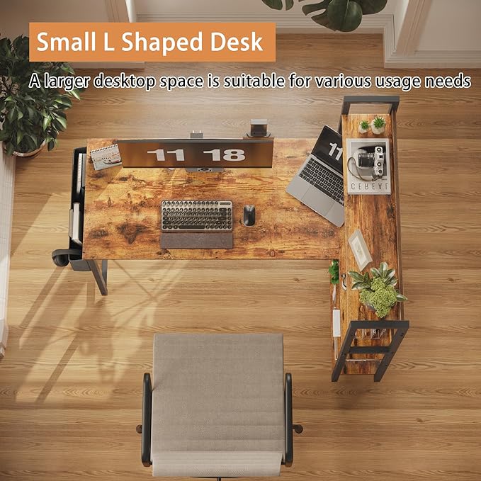 Treesland 55 Inch Computer Desk with Storage Shelves, L Shaped Desk with Storage, Corner Desk with Storage, Home Office Desks, Bookshelf Desk, Writing Study Desk for Bedroom, Brown - LeafyLoom