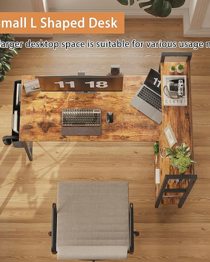 Treesland 47 Inch Computer Desk with Bookshelf, Corner Desk with Storage, L Shaped Desk, Home Office Desks, Writing Study Desk for Bedroom, Brown - LeafyLoom
