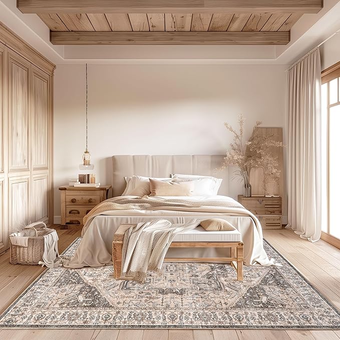 nuLOOM 8x10 Machine Washable Rain Haven Vintage Medallion Area Rug, Brown, Traditional Faded Design, Non-Slip Backing, Stain Resistant, For Bedroom, Dining Room, Living Room, Kitchen - LeafyLoom