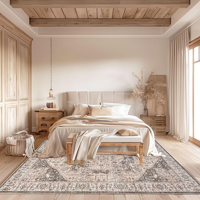 nuLOOM 5x8 Machine Washable Rain Haven Vintage Medallion Area Rug, Brown, Traditional Faded Design, Non-Slip Backing, Stain Resistant, For Bedroom, Dining Room, Living Room, Kitchen - LeafyLoom