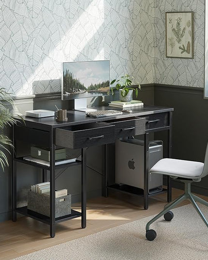 CubiCubi 47 Inch Computer Desk with 3 Drawers and Storage Shelves, Small Home Office Desk, Study Writing Table, Simple Desk for Bedroom, Black - LeafyLoom