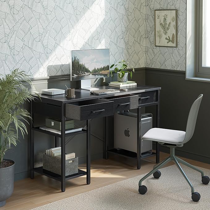 CubiCubi 47 Inch Computer Desk with 3 Drawers and Storage Shelves, Small Home Office Desk, Study Writing Table, Simple Desk for Bedroom, Black - LeafyLoom