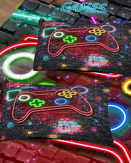 Gamer Comforter Sets for Boys, Full Size Comforter Set for Boys, Boys Bedding Set Full, 5 pcs Bed in A Bag, Gamer Bedding Set with Pillowcase, Flat & Fitted Sheet - LeafyLoom