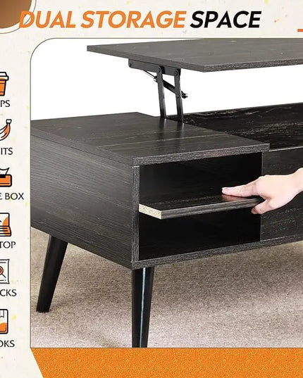 WLIVE Wood Lift Top Coffee Table with Hidden Compartment and Adjustable Storage Shelf, Lift Tabletop Dining Table for Home Living Room, Office, Charcoal Black - LeafyLoom