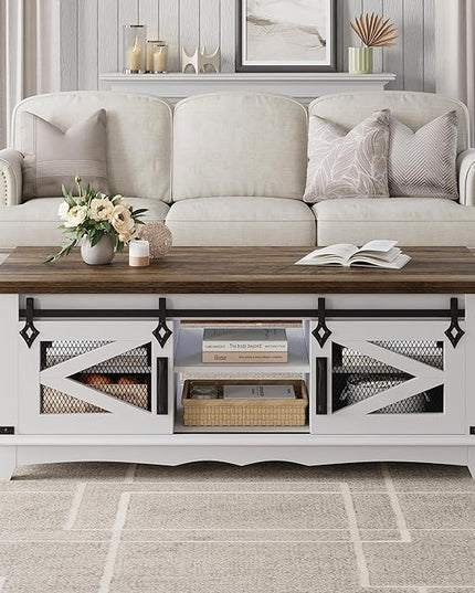 IDEALHOUSE Farmhouse Coffee Table with Storage 48'' Center Table Industrial Cocktail Table with Sliding Barn Doors Modern Rectangular Living Room Table Rustic Coffee Table with Adjustable Shelves - LeafyLoom
