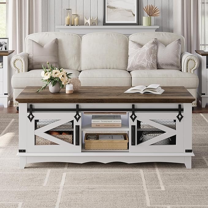 IDEALHOUSE Farmhouse Coffee Table with Storage 48'' Center Table Industrial Cocktail Table with Sliding Barn Doors Modern Rectangular Living Room Table Rustic Coffee Table with Adjustable Shelves - LeafyLoom