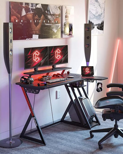 CubiCubi Aurora Gaming Desk with LED Lights & Power Outlets, 40 Inch L Shaped Carbon Fiber Surface Desk with Storage Shelves, Small Corner Computer Desk with Monitor Shelf, Gamer Desk PC Table, Black - LeafyLoom