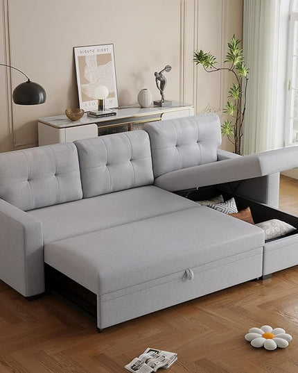 82'' L Shape Sectional Sleeper Sofa with Pull Storage Chaise,Upholstered Convertible Corner Couch Bed W/ 3 Removable Back Cushions and Armrest for Living Room,Office,Light Grey, 82" - LeafyLoom