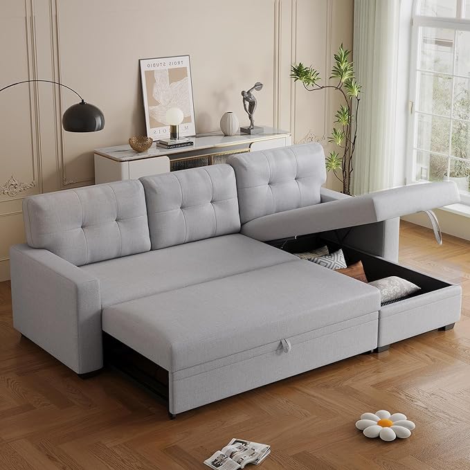 82'' L Shape Sectional Sleeper Sofa with Pull Storage Chaise,Upholstered Convertible Corner Couch Bed W/ 3 Removable Back Cushions and Armrest for Living Room,Office,Light Grey, 82" - LeafyLoom