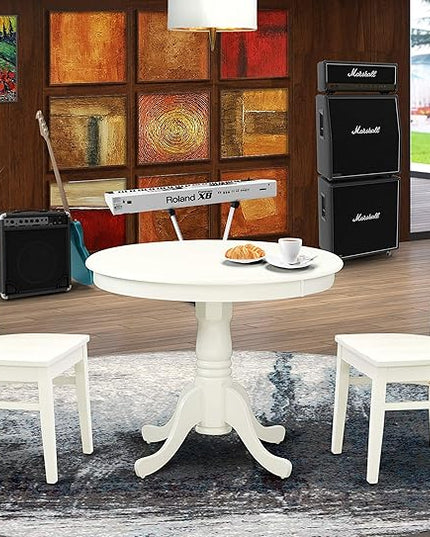 East West Furniture ANVA3-LWH-W 3 Piece Dining Room Furniture Set Contains a Round Dining Table with Pedestal and 2 Wood Seat Chairs, 36x36 Inch, Linen White - LeafyLoom