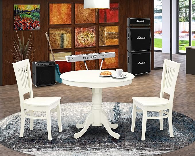 East West Furniture ANVA3-LWH-W 3 Piece Dining Room Furniture Set Contains a Round Dining Table with Pedestal and 2 Wood Seat Chairs, 36x36 Inch, Linen White - LeafyLoom