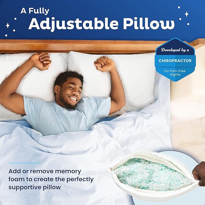 Snuggle-Pedic Adjustable Cooling - Shredded Memory Foam Pillows for Side, Stomach & Back Sleepers - Fluffy or Firm - Keeps Shape - College Dorm Room Essentials for Girls and Guys - Queen - LeafyLoom