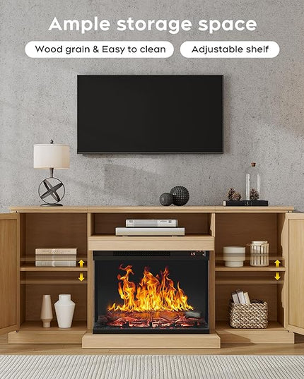 3-Side Glass Fireplace TV Stand for TVs up to 65'', Electric Fireplace TV Stand with Rattan Cabinet, Entertainment Center with Fireplace, Boho, Natural - LeafyLoom