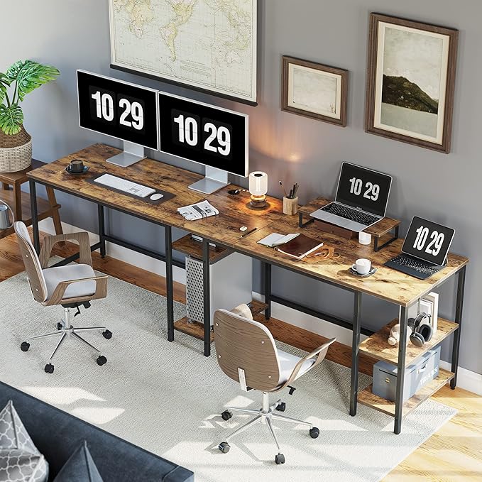 BANTI L Shaped Desk with Storage, 59 Inch Reversible Corner Computer Desk or 2 Person Long Table Desk, Home Office Large Gaming Writing Storage Workstation with Monitor Stand, Rustic Brown - LeafyLoom