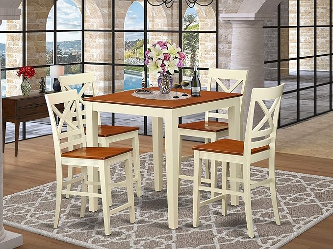 East West Furniture VNQU5-WHI-W Vernon 5 Piece Kitchen Counter Set Includes a Square Room Table and 4 Dining Chairs, 36x36 Inch, Buttermilk & Cherry - LeafyLoom