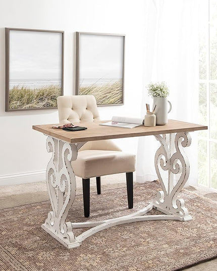 Kate and Laurel Wyldwood Farmhouse Wooden Desk, 46 x 24 x 30, Brown and White, Rustic Carved Wood Computer Desk for Functional and Stylish Home Office Decor - LeafyLoom