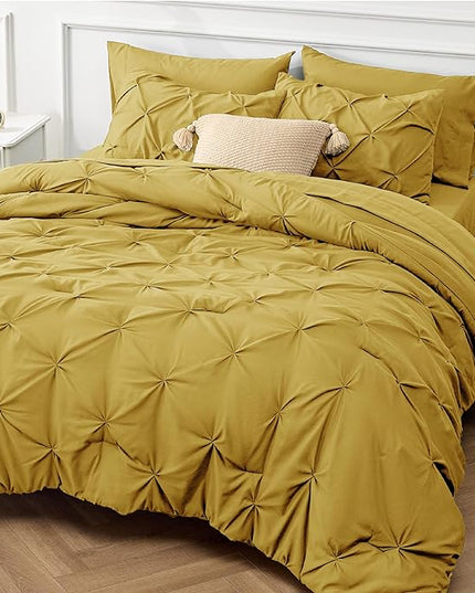 Bedsure Twin Comforter Set with Sheets - 5 Pieces Twin Bedding Sets, Pinch Pleat Mustard Yellow Twin Bed in a Bag with Comforter, Sheets, Pillowcase & Sham - LeafyLoom