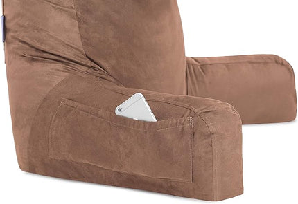 Husband Pillow XXL Aspen Edition, Adult Reading Sit Up Bed Rest Pillow for Bed with Arms & Neck Roll on Bungee Cord - Premium Memory Foam - Reversible 2 Sided Cover Micro Suede or Plush, Saddle Brown - LeafyLoom