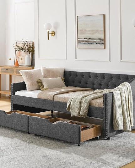 RITSU Twin Size Mid-Century Daybed, 2 Storage Drawers,Linen Button Upholstered Tufted Sofa Bed, Copper Nail on Waved Shape Arms, No Box Spring Needed,for Bedroom, Livingroom, Dark Grey, 81.50 - LeafyLoom