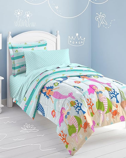 dream FACTORY Kids 7-Piece Complete Set Easy-Wash Super Soft Microfiber Comforter Bedding, Full, Light Blue Mermaid Dreams - LeafyLoom