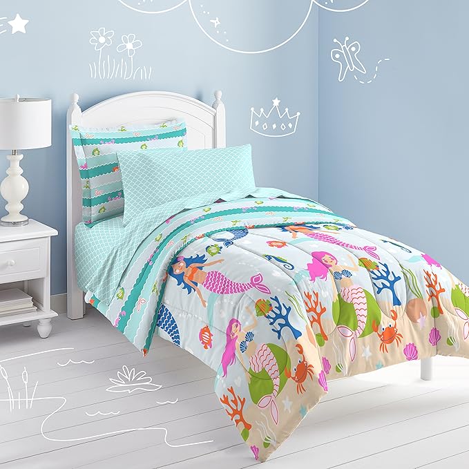 dream FACTORY Kids 7-Piece Complete Set Easy-Wash Super Soft Microfiber Comforter Bedding, Full, Light Blue Mermaid Dreams - LeafyLoom