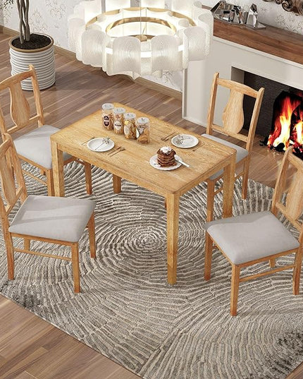 Minimalist Style, Wooden Rectangular 4 Upholstered Chairs and 1, Easy to Assembly, Room, Kitchen, Natural Wood, 5 Piece Dining Table Set - LeafyLoom