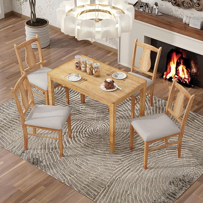 Minimalist Style, Wooden Rectangular 4 Upholstered Chairs and 1, Easy to Assembly, Room, Kitchen, Natural Wood, 5 Piece Dining Table Set - LeafyLoom