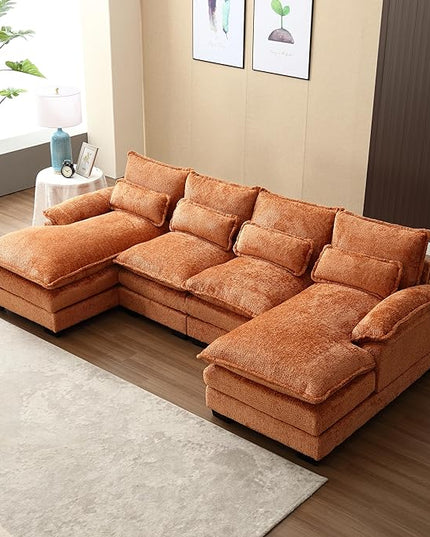110.63" Chenille Fabric Upholstered Sectional Sofa with Double Chaises & Solid Wood Legs, U-Shape Oversized Modular Couch with 2 Layered & Detachable Seat Cushions for Living Room, Apartment - LeafyLoom
